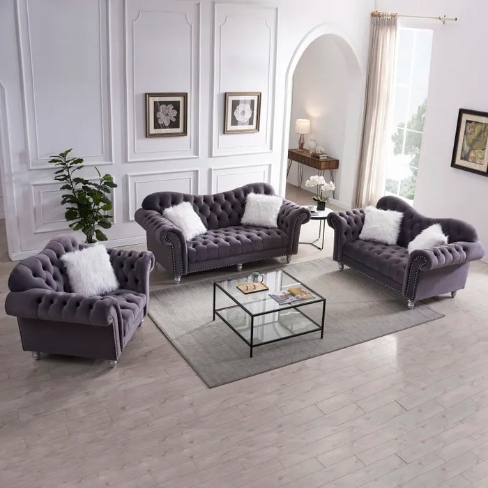 3-Piece Sofa Set Pv Leather Including Three-Seater Sofa,Two-Seater Sofa w/ Armrests,Backrest Buttons and Copper for living room
