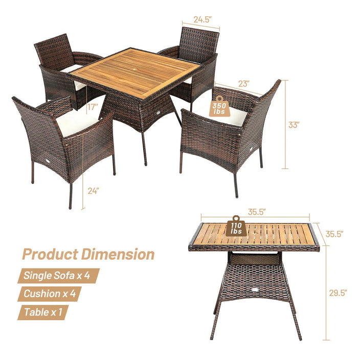 Patiojoy 5PCS Patio Rattan Dining Furniture Set Arm Chair Wooden Table Top  HW67789+