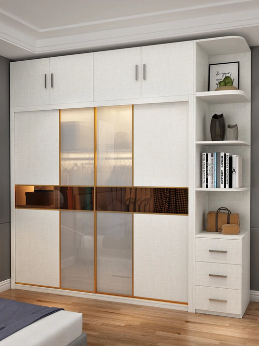 Sliding door wardrobe modern simple small family bedroom rental room with light luxury sliding door wardrobe