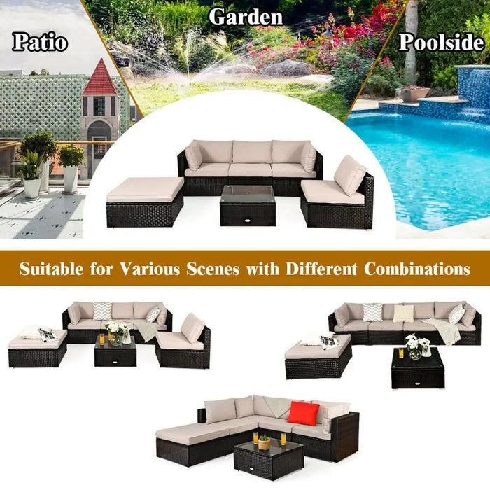 6PCS Outdoor Patio Rattan Furniture Set Cushioned Sectional Sofa Ottoman HW63878+