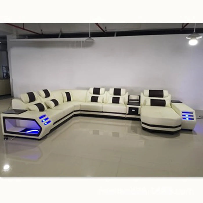 modern style  living room Genuine leather sofa  u shaped corner sofa design Led lighting cx001