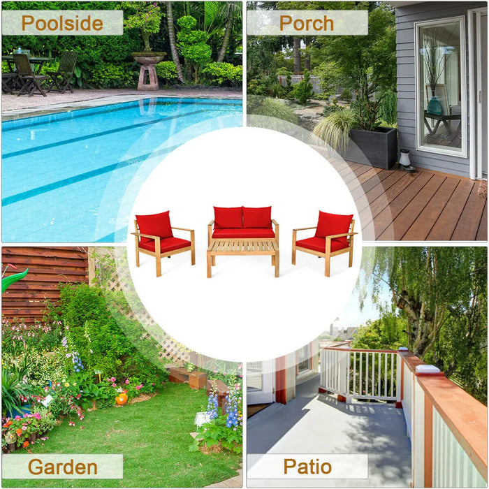 4PCS Patio Furniture Set Acacia Wood Thick Cushion Loveseat Sofa Red  HW64146RE+