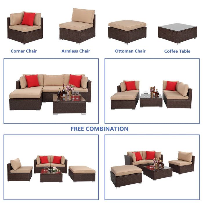 5Pcs Outdoor Patio Rattan Furniture Set 2 Corners 1 Armless Sofa 1 Foot Drag 1 Square Coffee Table Brown[US-Depot]