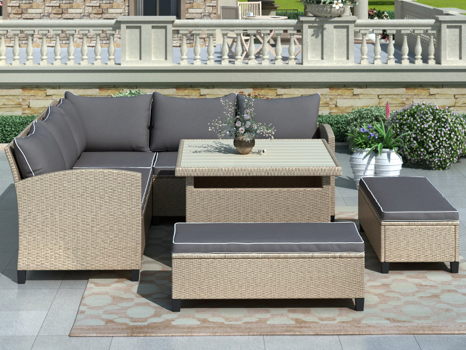 6-Piece Patio Furniture Set Outdoor Wicker Rattan Sectional Sofa with Table and Benches for Backyard Garden Poolside[US-Stock]