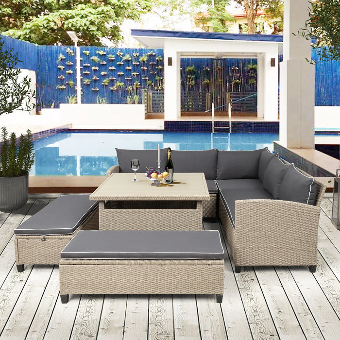6-Piece Patio Furniture Set Outdoor Wicker Rattan Sectional Sofa with Table and Benches for Backyard Garden Poolside[US-Stock]