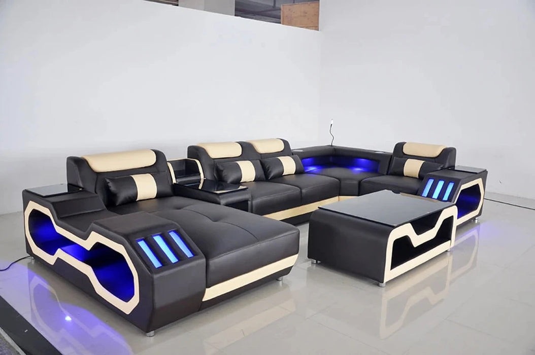 modern style  living room Genuine leather sofa  u shaped corner sofa design Led lighting cx001