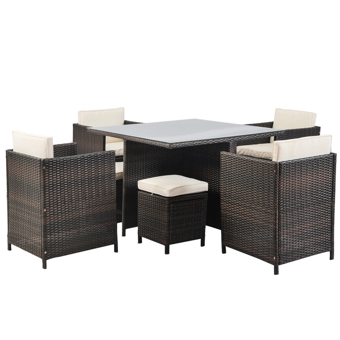 9 Piece Outdoor Furniture Rattan Conversation Set with Cushions Patio Rattan Dining Set 1 Table+4 Chairs+4 Ottomans[US-Stock]