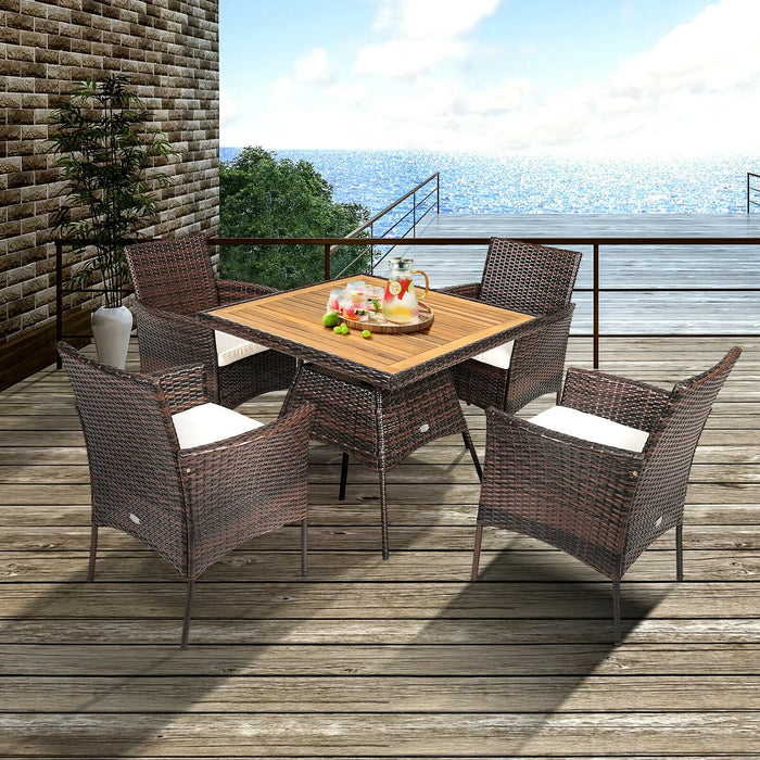 Patiojoy 5PCS Patio Rattan Dining Furniture Set Arm Chair Wooden Table Top  HW67789+