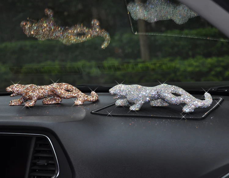 Luxury Full Rhinestone Lucky Leopard Feng Shui Miniature Figurines Car Interior Home Decoration Accessories Diamond Ornament