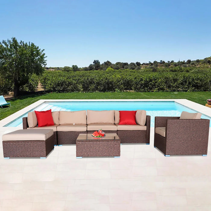 US Warehouse Patio Furniture Set 7 Pieces Wood Grain Patio PE Wicker Rattan Corner Sofa Set Outdoor Furniture Set