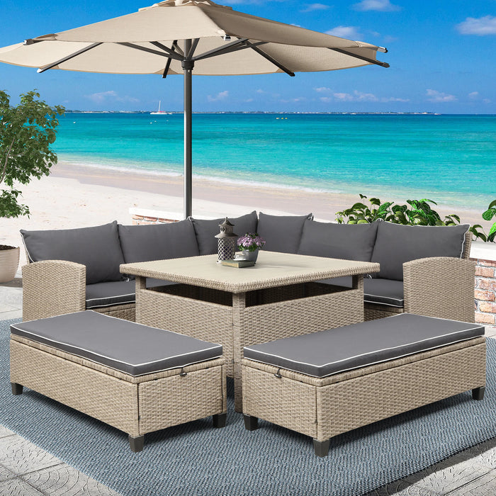 6-Piece Patio Furniture Set Outdoor Wicker Rattan Sectional Sofa with Table and Benches for Backyard Garden Poolside[US-Stock]