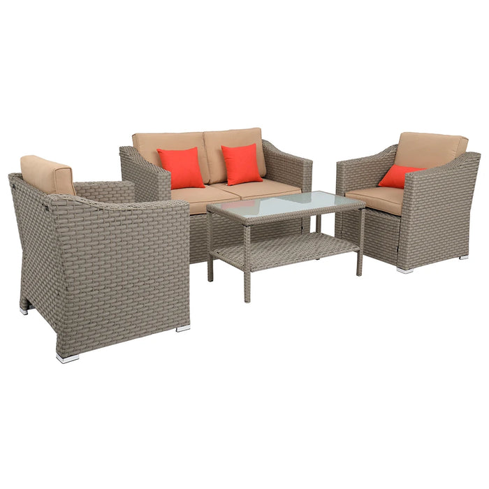 Wide Rattan Double Contiguous Rattan Four-Piece Suit 1 Double 2 Single 1 Double Coffee Table Gray  Patio Furniture Set