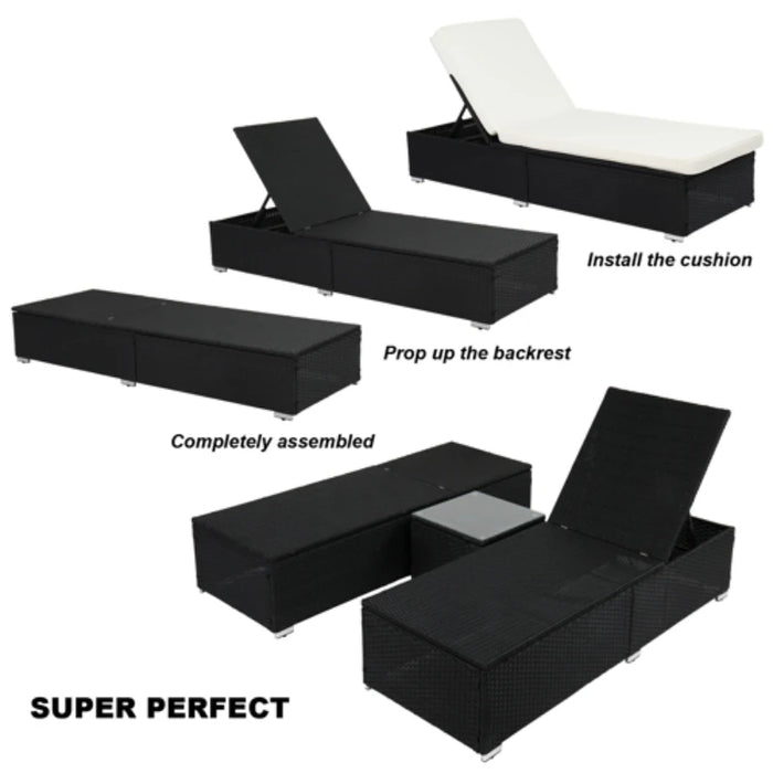 3Pcs Outdoor Furniture Set PE Rattan Iron Include 1 Coffee Table 2 Flat Bed Black 4-Wire Ideal for Patio Deck Poolside[US-Depot]