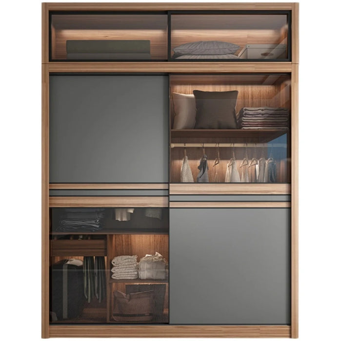 Sliding door wardrobe Modern home bedroom solid wood glass sliding door assembly overall wardrobe