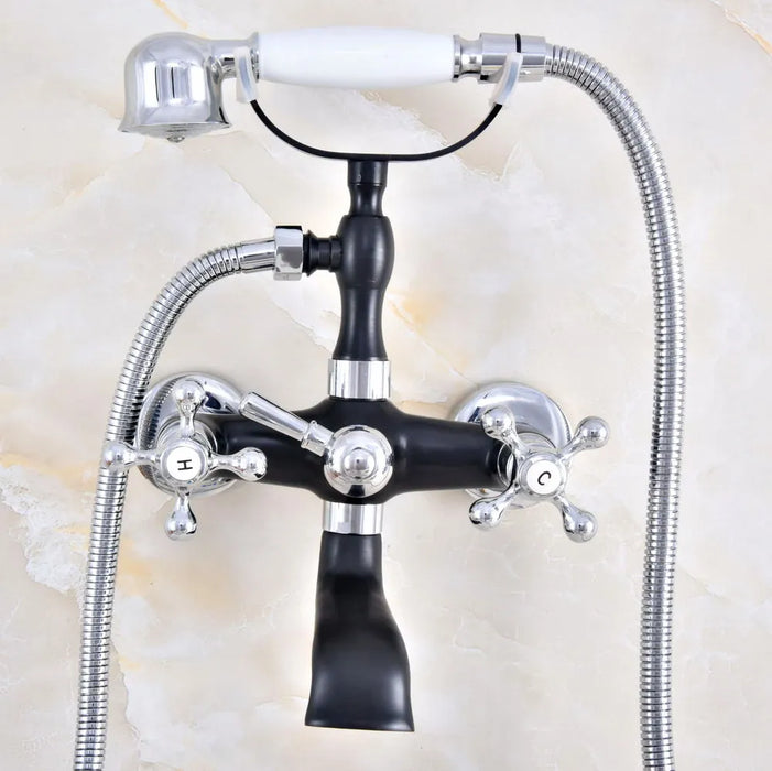 Black Silver Bathtub Shower Faucets Set Dual Knobs Mixer Tap Wall Mounted Bath Shower Set Swivel Tub Spout zna617