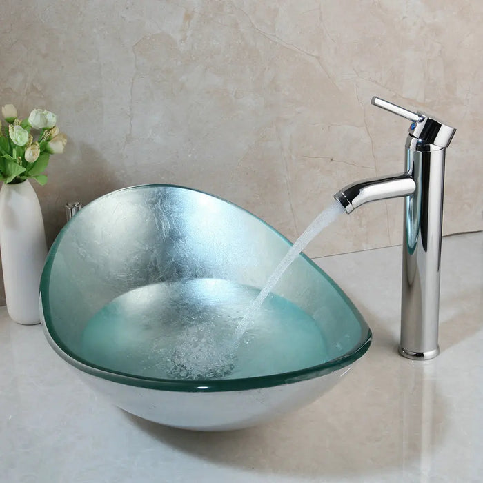 JIENI Silver Hand-Paint Art Bathroom Glass Basin Sink Faucet Round Basin Bath Vanity Chrome Brass Faucet Set Tap Mixer Set