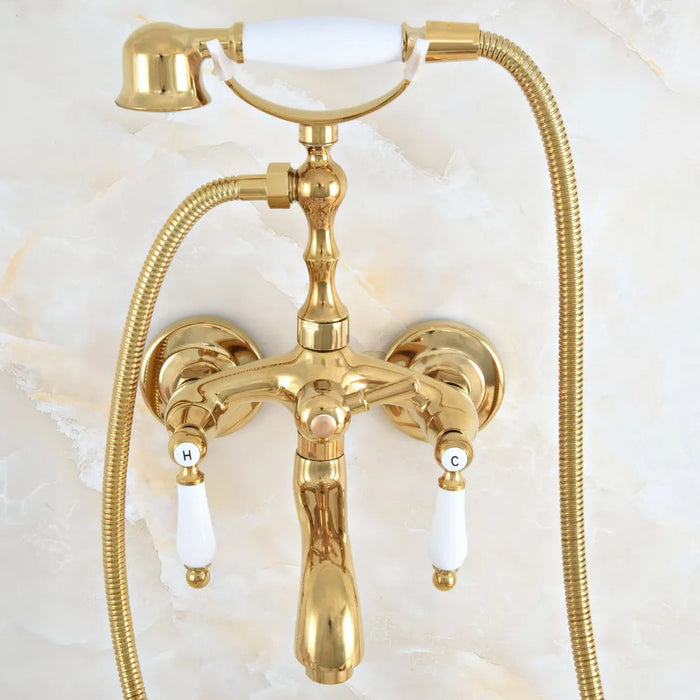 Luxury Gold Color Brass Wall Mount Bathroom Bath Tub Faucet Set WITH/ 1.5M Handheld Shower Spray Head Mixer Tap Dna822