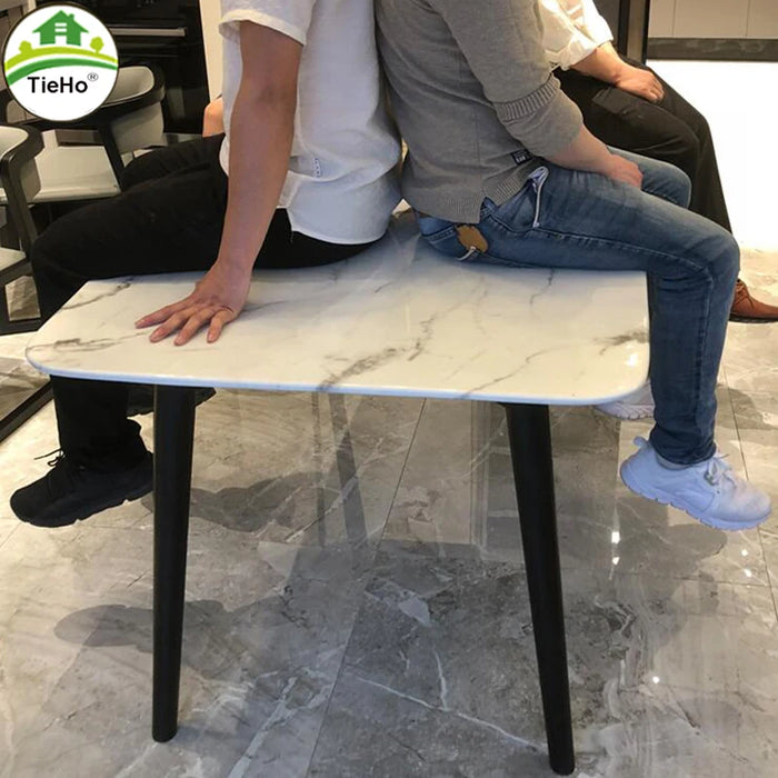TieHo Rock Board Marble Dining Table Chair Set Kitchen Furniture 120cm Dining Table with 6 Chairs Solid Wood Frame