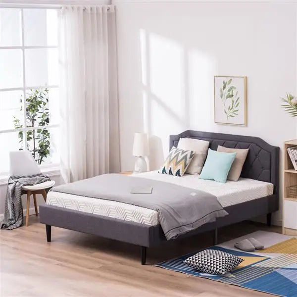 Wood Bed Frame Upholstered Bed with Diamond Buckle Decoration, Linen Dark Gray Queen Bed Easy to Assemble Stylish and Modern