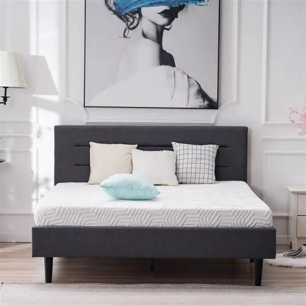 Bed Frame Linen Soft Pack Bed Right Angle Horizontal Line Decorative Bed Dark Gray Queen Easy to Assemble Stylish and Modern