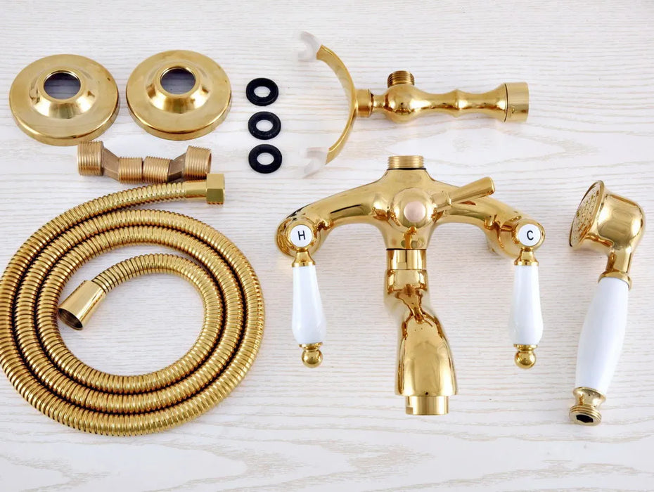 Luxury Gold Color Brass Wall Mount Bathroom Bath Tub Faucet Set WITH/ 1.5M Handheld Shower Spray Head Mixer Tap Dna822