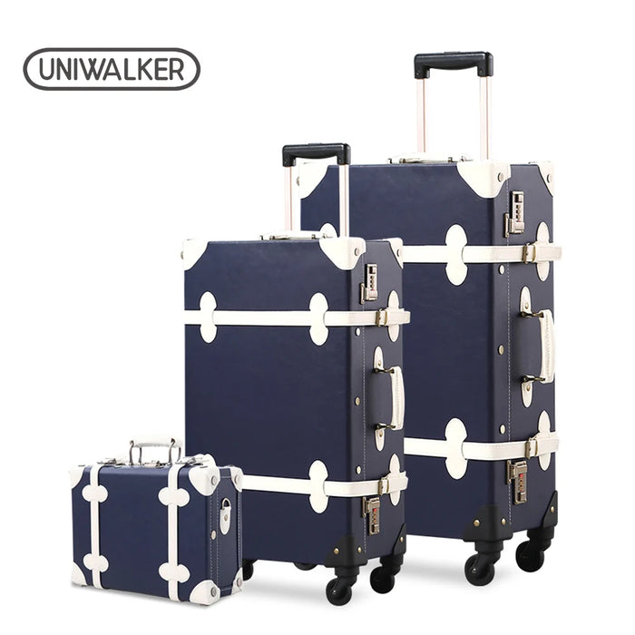 3PCS/SET Vintage PU Travel Luggage,12"make-up bag & 20" 26" Retro Trolley Suitcase Bags With Spinner Wheel With Combination Lock