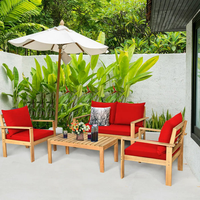 4PCS Patio Furniture Set Acacia Wood Thick Cushion Loveseat Sofa Red  HW64146RE+