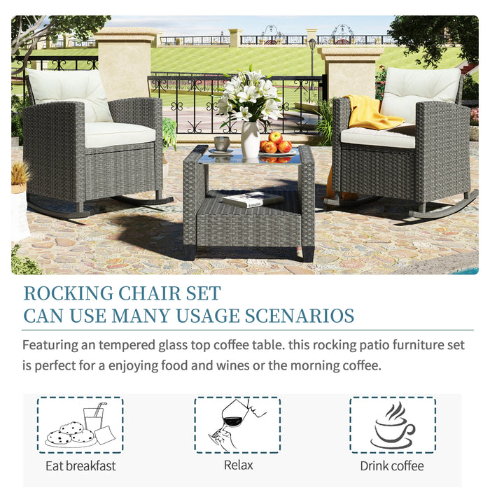 Outdoor Patio Rattan Wicker Rocking Furniture 3Pcs Set w/ Cushion 2 Rocking Chair Sofa+1 Tea Table for Garden Backyard[US-W]