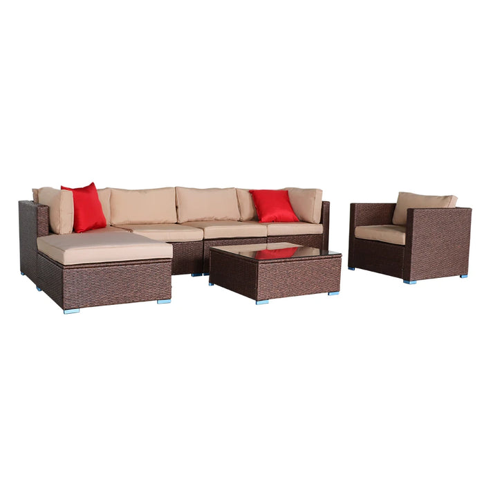 US Warehouse Patio Furniture Set 7 Pieces Wood Grain Patio PE Wicker Rattan Corner Sofa Set Outdoor Furniture Set