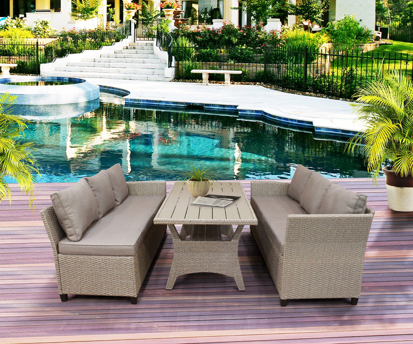 Outdoor Patio Furniture PE Rattan Wicker Conversation Set All-Weather Sectional Sofa Set 1 Table+2 Sofa w/Cushion 2 Colors[US-W]