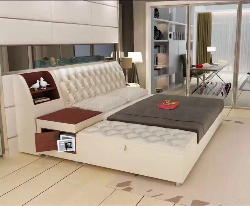 post modern real genuine leather bed / soft bed/double bed king/queen size bedroom home furniture with storage box and sideboard