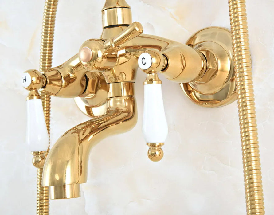 Luxury Gold Color Brass Wall Mount Bathroom Bath Tub Faucet Set WITH/ 1.5M Handheld Shower Spray Head Mixer Tap Dna822