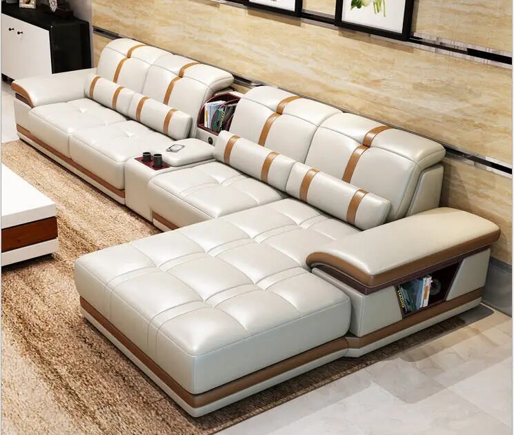 Living Room Sofa set furniture real genuine cow leather sofas bluetooth puff asiento muebles de sala canape L shape sofa cama