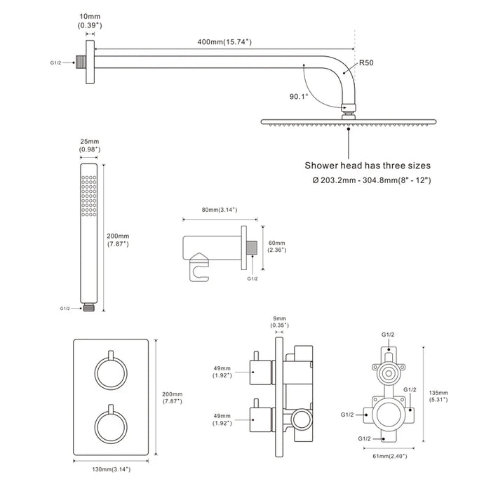 Solid Brass Thermostatic Mixer Diverter Set Brushed Gold Bath Bathroom Shower Head Rianfall Luxury Combo Faucet Wall Mount Arm