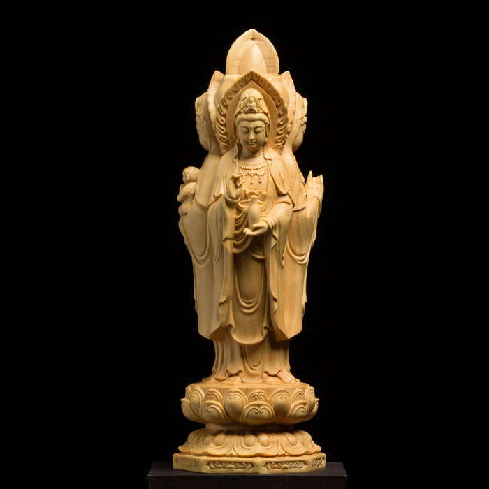Three-Faced Kuanyin Statue: Thailand Religious Wood Craftsmanship - Unique Buddha Desk Ornament Elevating Home Interior Decor
