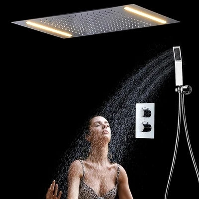 Bathroom Luxury Chrome Full Copper Multi-function Rainfall LED Ceiling Concealed 38D Air Injection  Thermostatic Shower Set