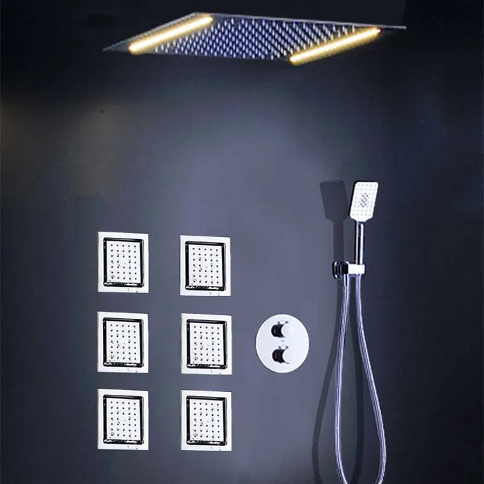 Bathroom Luxury Chrome Full Copper Multi-function Rainfall LED Ceiling Concealed 38D Air Injection  Thermostatic Shower Set