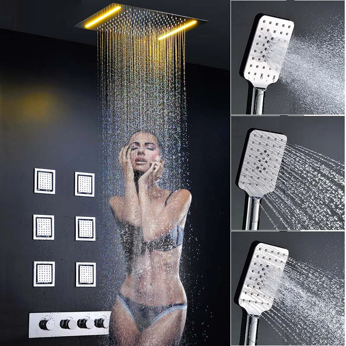 Bathroom Luxury Chrome Full Copper Multi-function Rainfall LED Ceiling Concealed 38D Air Injection  Thermostatic Shower Set