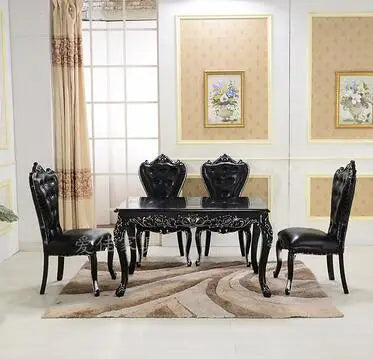 European-style dining table and chair combination 6 people black solid wood carving rectangular table simple small family .