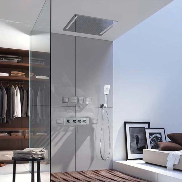 Bathroom Luxury Chrome Full Copper Multi-function Rainfall LED Ceiling Concealed 38D Air Injection  Thermostatic Shower Set