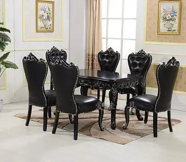 European-style dining table and chair combination 6 people black solid wood carving rectangular table simple small family .