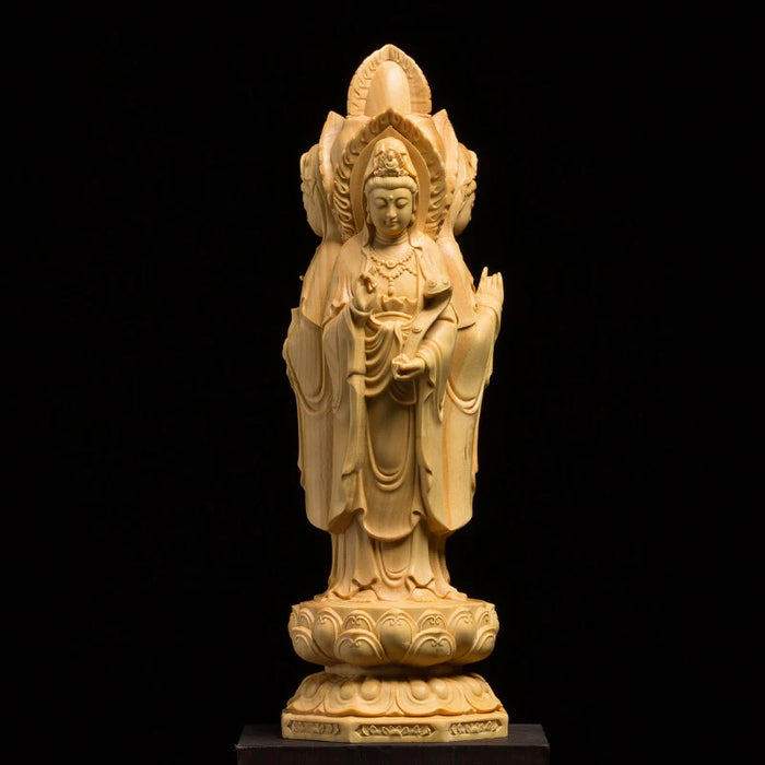 Three-Faced Kuanyin Statue: Thailand Religious Wood Craftsmanship - Unique Buddha Desk Ornament Elevating Home Interior Decor