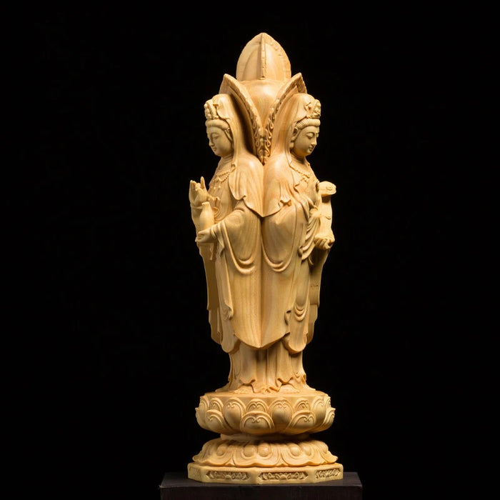 Three-Faced Kuanyin Statue: Thailand Religious Wood Craftsmanship - Unique Buddha Desk Ornament Elevating Home Interior Decor