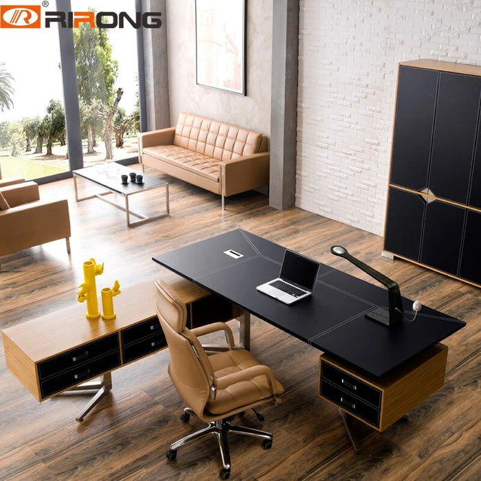 Modern Design Black Brown Orange Leather Wood Furniture Custom Office Executive Desktop Table Study Office Computer Table Desk