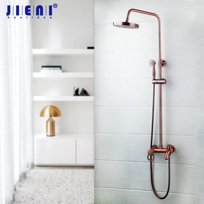 JIENI Rose Gold-plated Finish Bathroom Shower Set Rain Shower Head Bath Shower Mixer 3 Functions with Hand Shower Tap Faucet