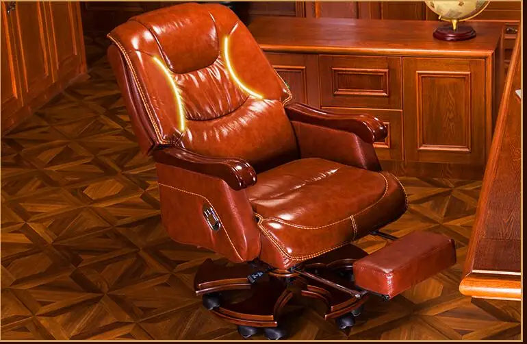 European leather boss chair family office chair solid wood cowhide big class chair massage can lie in computer chair.