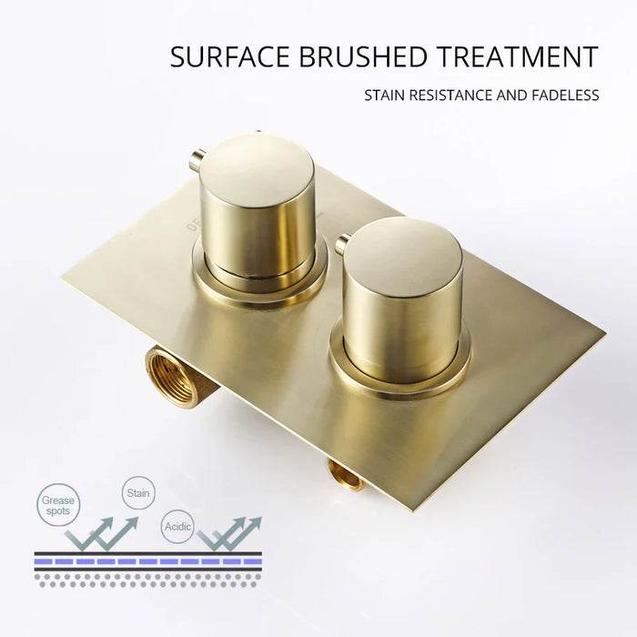 Solid Brass Thermostatic Mixer Diverter Set Brushed Gold Bath Bathroom Shower Head Rianfall Luxury Combo Faucet Wall Mount Arm