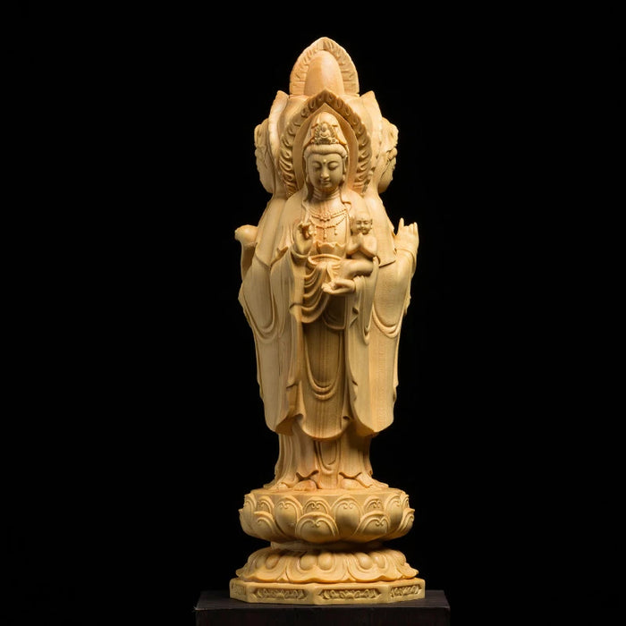 Three-Faced Kuanyin Statue: Thailand Religious Wood Craftsmanship - Unique Buddha Desk Ornament Elevating Home Interior Decor