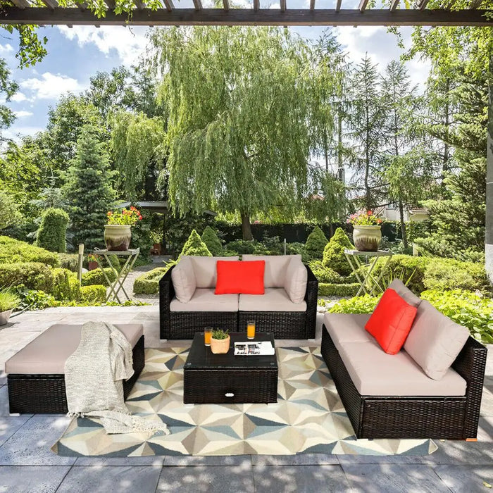 6PCS Outdoor Patio Rattan Furniture Set Cushioned Sectional Sofa Ottoman HW63878+