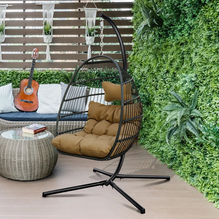 Egg Chair Swing with Stand Rattan Effect Four Corners Single Hanging for Patio Deck Garden Yard Backyard Porch U.S. Stock